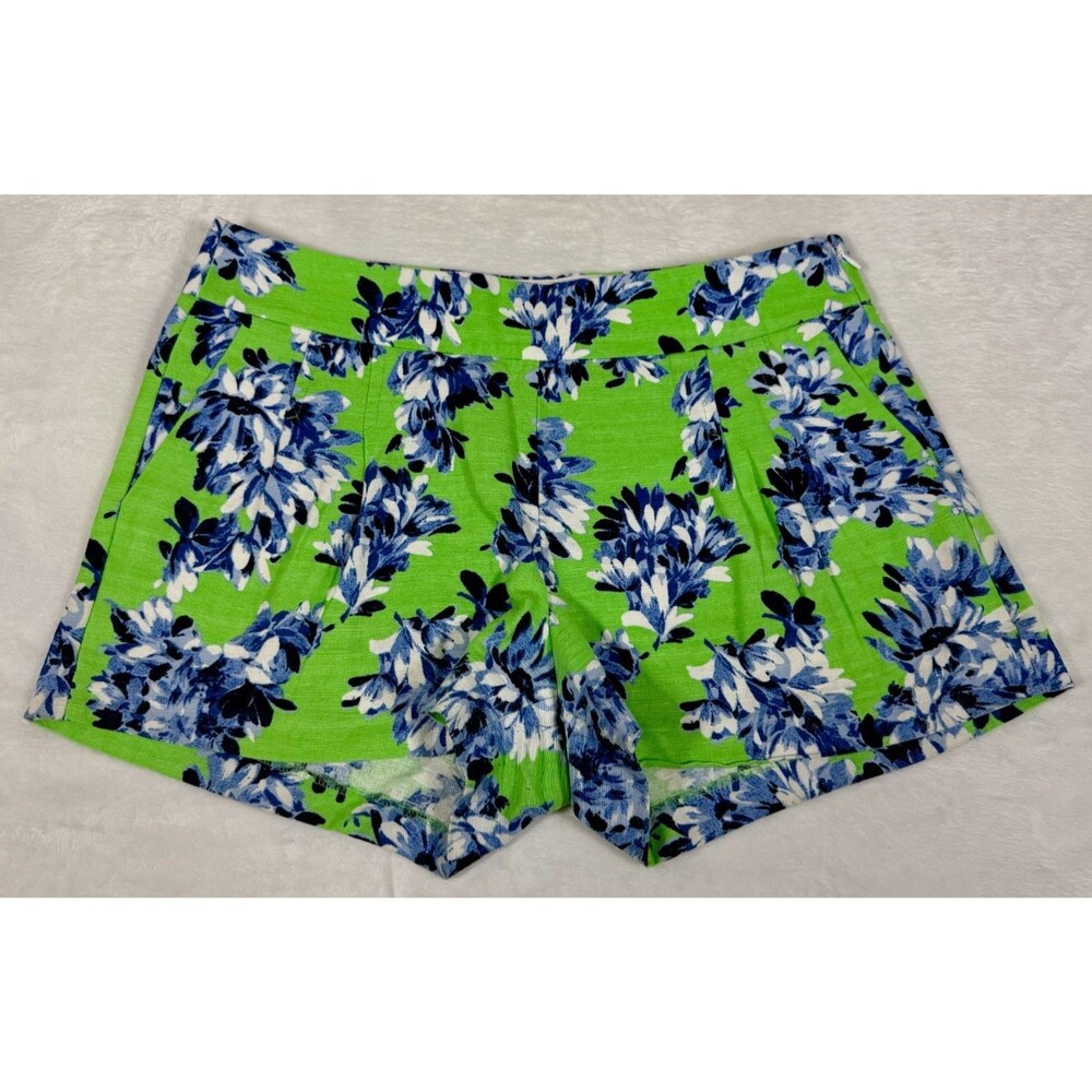 J.Crew Womens Shorts Sz 6 Linen Blend Green Blue Floral Print Pleated Front